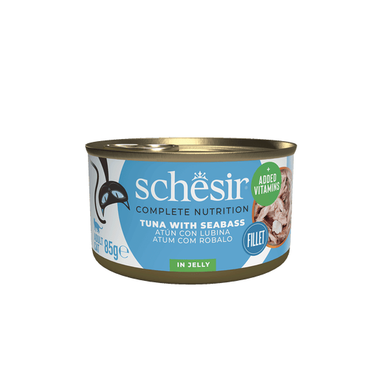Comida húmida para gatos Schesir atum com robalo, lata 85 g
