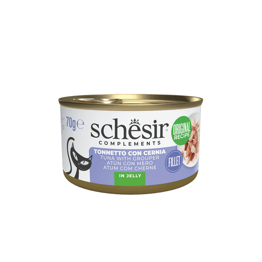 Comida húmida para gatos Schesir atum com mero, lata 70 g