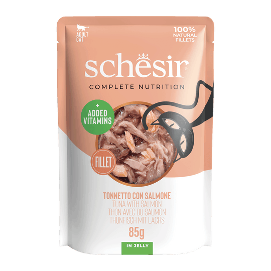 Comida húmida para gatos Schesir atum com salmão, saqueta 85 g