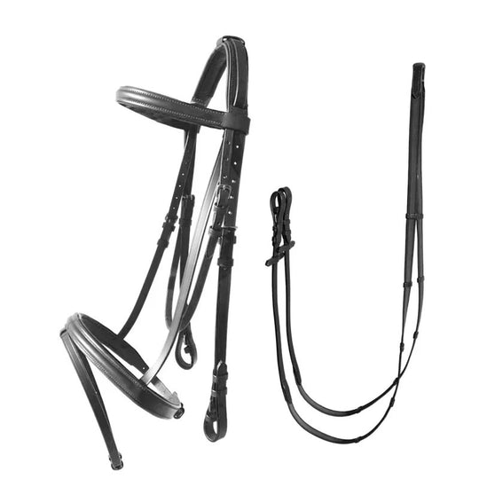 Cabeçada inglesa de couro para cavalo com rédeas