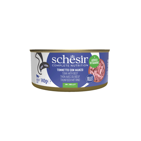 Comida húmida para gatos Schesir atum com filetes de vaca, lata 140 g