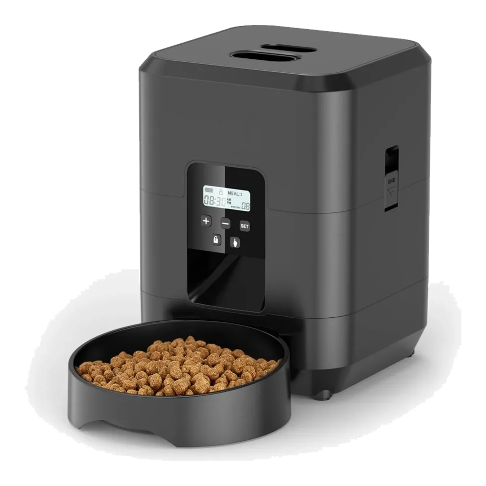 Comedouro automático para gatos preto com botões e ecrã