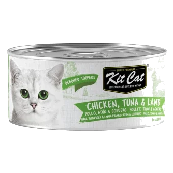 Comida húmida para gatos Kit Cat Toppers frango, atum e borrego em gelatina, 80 g