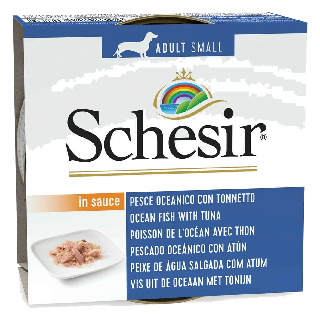 Comida húmida para cães adultos Schesir cavala e atum em molho, 85 g