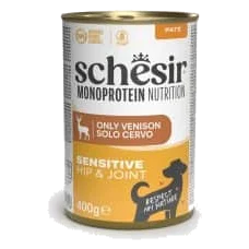 Comida húmida para cães adultos Schesir Monoprotein Hip & Joint veado, lata de 400 g