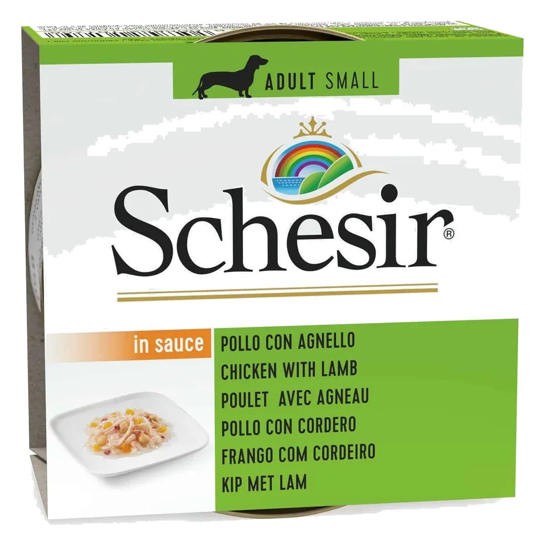 Comida húmida para cães adultos Schesir frango com borrego, lata de 85 g