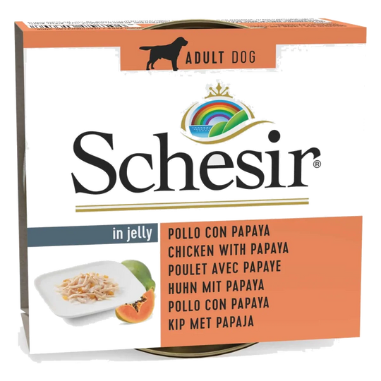 Comida húmida para cães adultos Schesir frango com papaia em gelatina, 150 g
