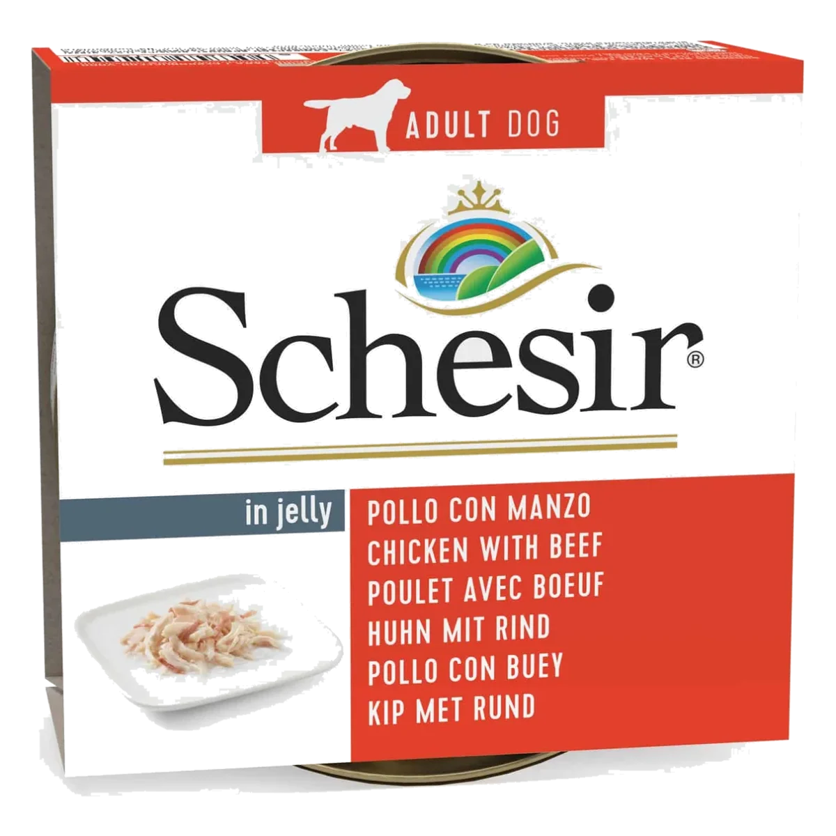 Comida húmida para cães adultos Schesir frango com vaca em gelatina, 150 g