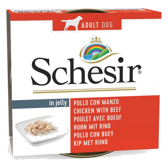Comida húmida para cães adultos Schesir frango com vaca em gelatina, 150 g
