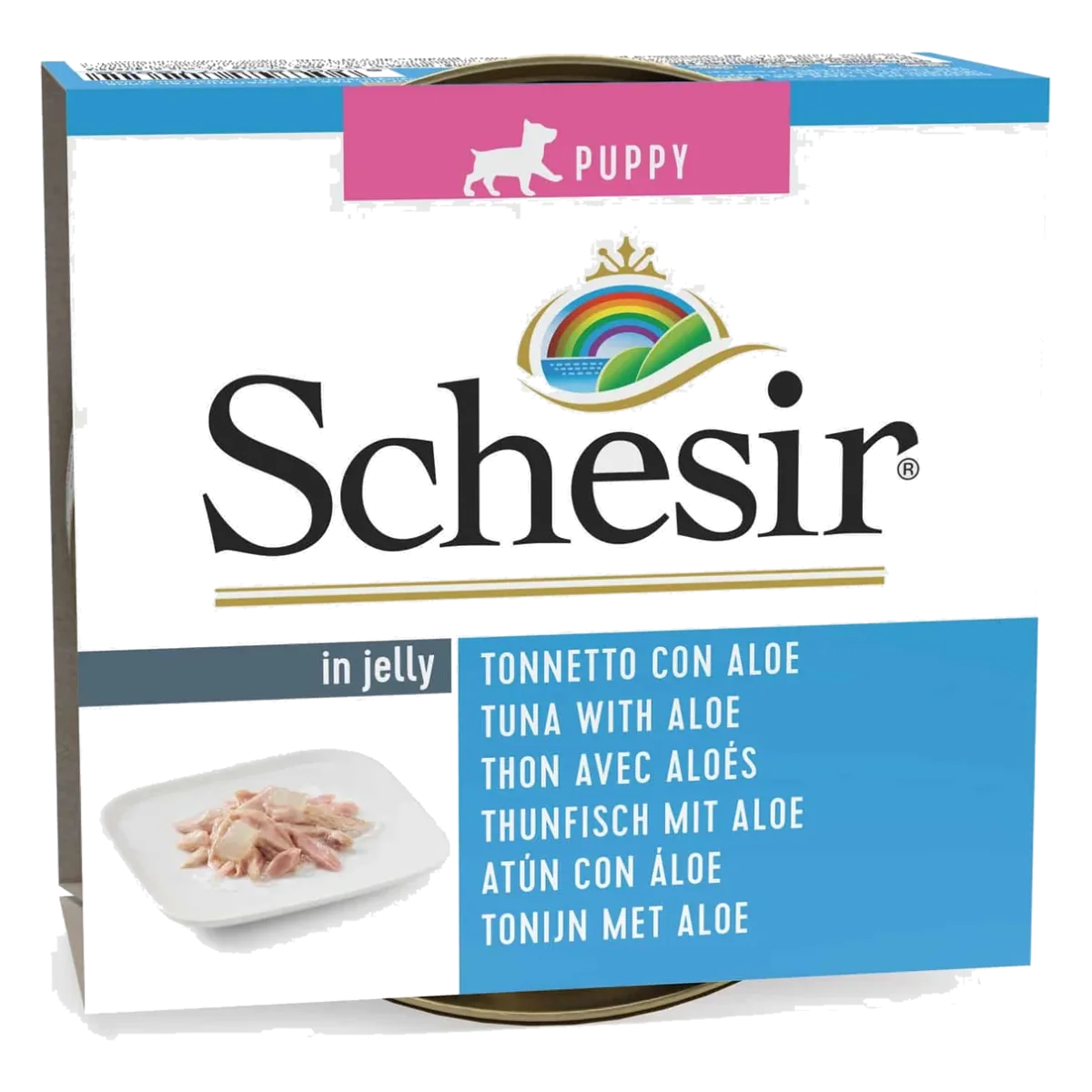 Comida húmida para cachorros Schesir Puppy atum com aloé em gelatina, 150 g