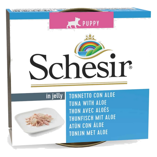 Comida húmida para cachorros Schesir Puppy atum com aloé em gelatina, 150 g
