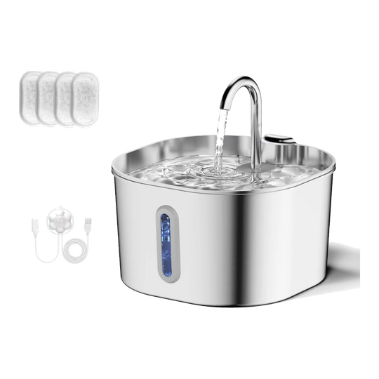 Fonte de água para gatos em aço inoxidável 2,2 L com 4 filtros e sensor de movimento
