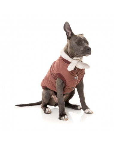 Casaco bomber para cães FuzzYard Nordic grená com cachecol amovível