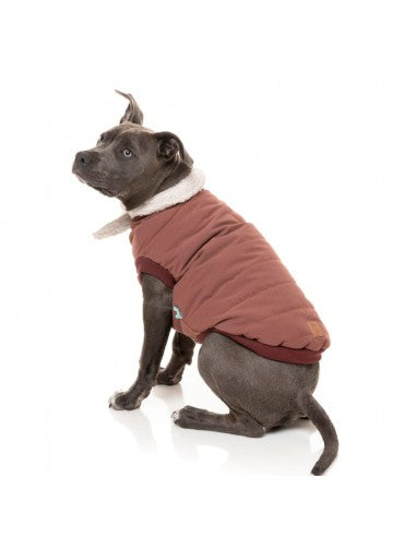 Casaco bomber para cães FuzzYard Nordic grená com cachecol amovível
