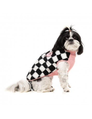Casaco sherpa para cão FuzzYard Ollie aos quadrados rosa