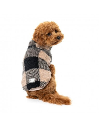 Camisola teddy para cães FuzzYard Checkered Teddy preta e bege