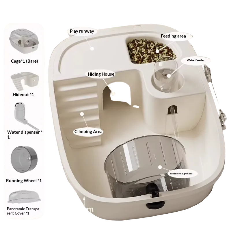 Hábitat compacto con zonas integradas y tapa panorámica para hámster, blanco