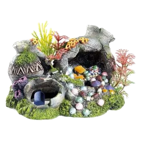 Jarros e plantas sobre rochas decoração para aquário