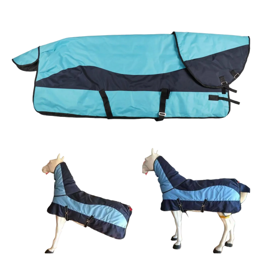 Manta de invierno impermeable para caballo azul claro y marino con cuello