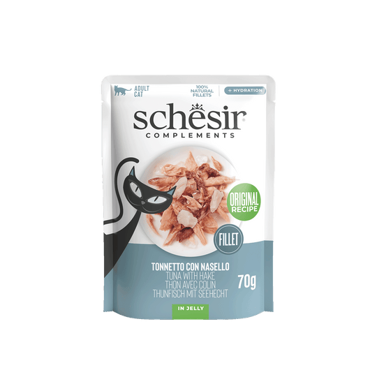 Comida húmida para gatos Schesir atum com pescada, saqueta 70 g