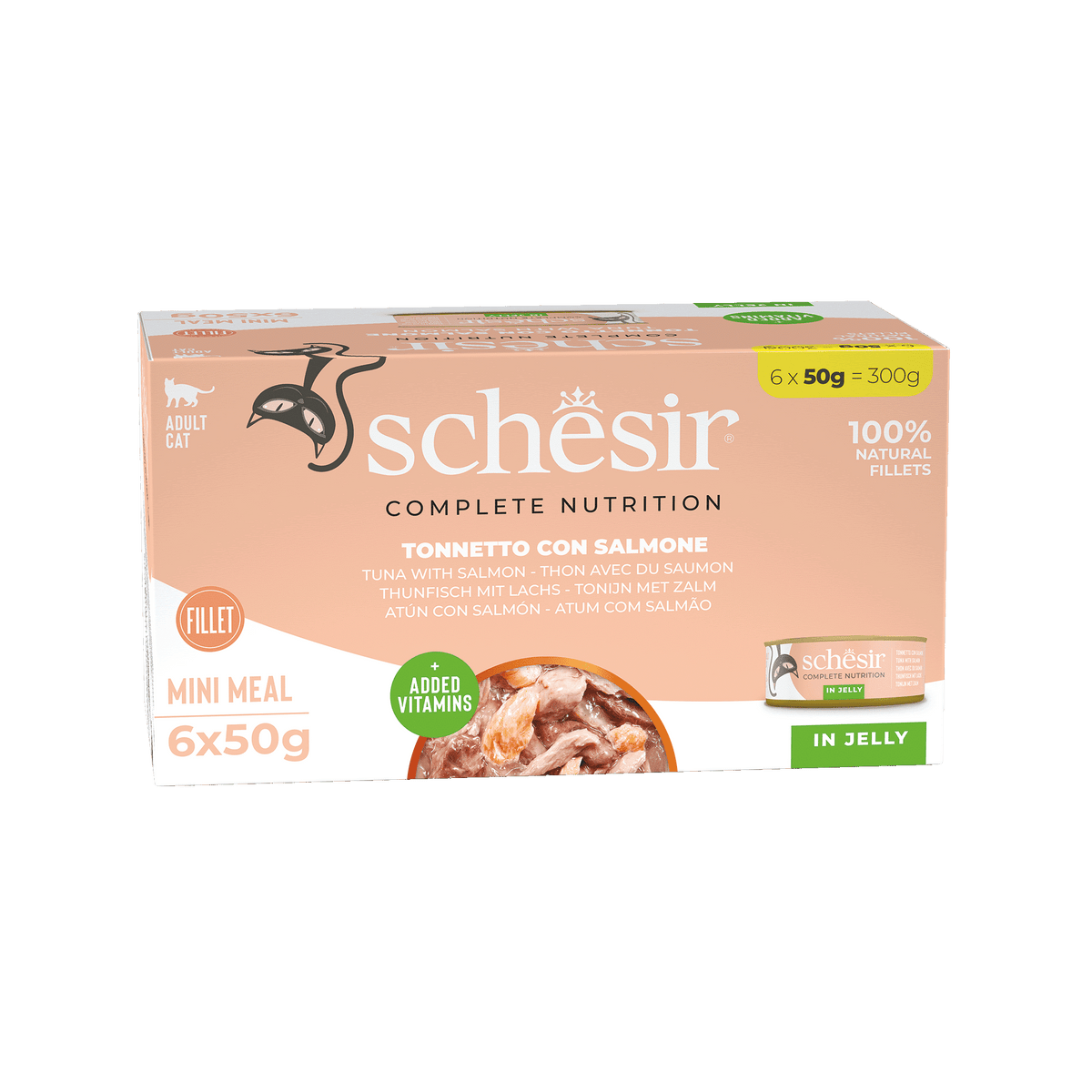 Comida húmida para gatos Schesir atum com salmão, 6 × 50 g, multipack