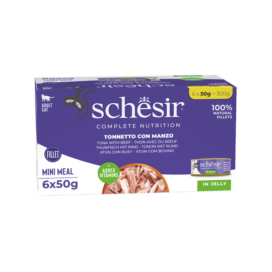 Comida húmida para gatos Schesir atum com filetes de vaca, 6 × 50 g, multipack