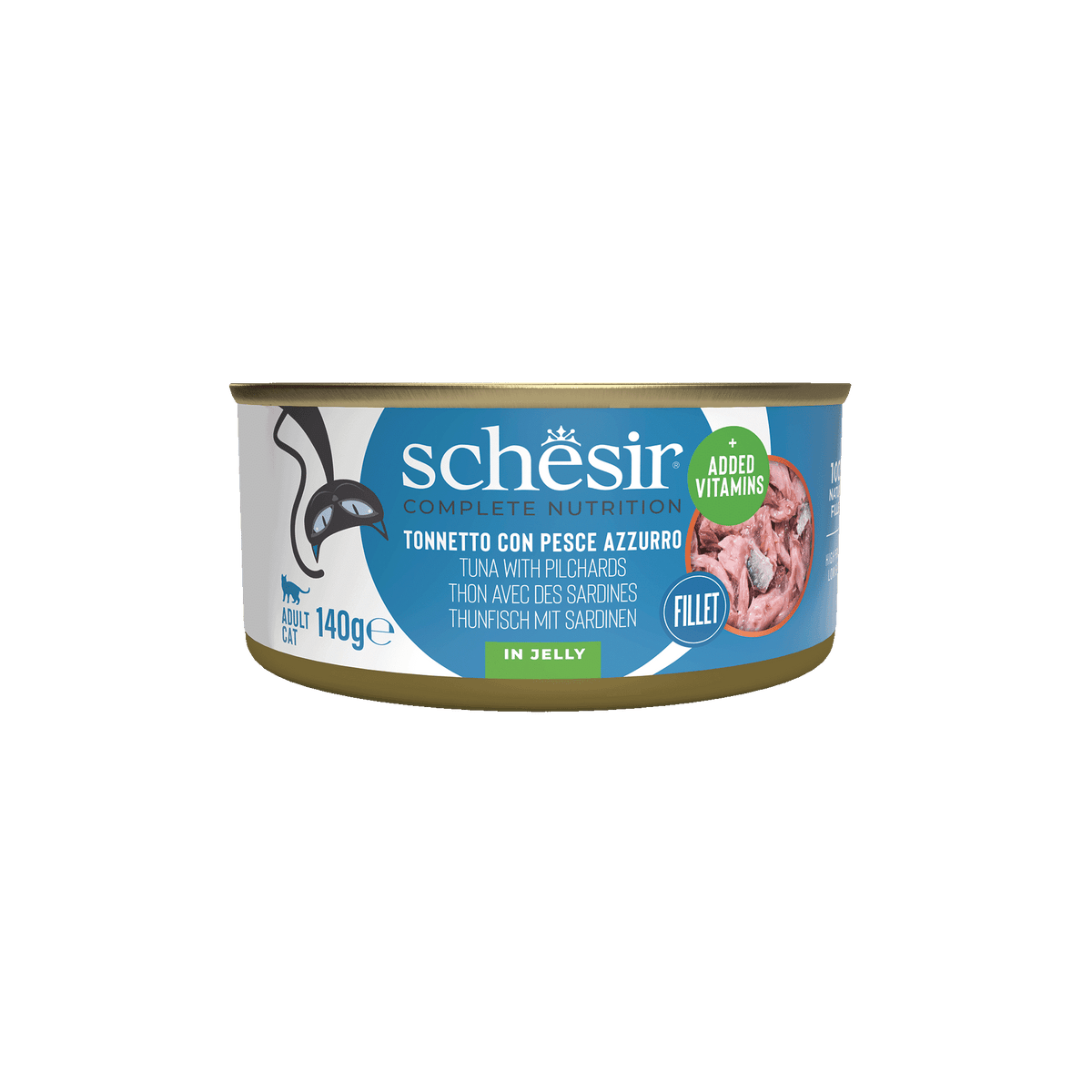Comida húmida para gatos Schesir atum com sardinhas, lata 140 g