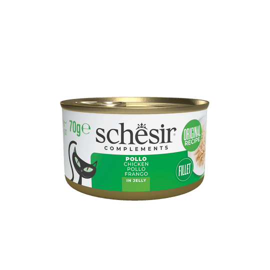 Comida húmida para gatos Schesir filetes de frango em gelatina, lata 70 g