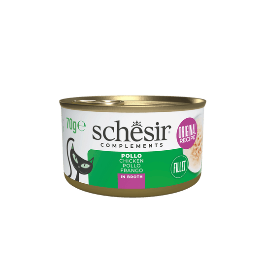 Comida húmida para gatos Schesir filetes de frango em caldo, lata 70 g