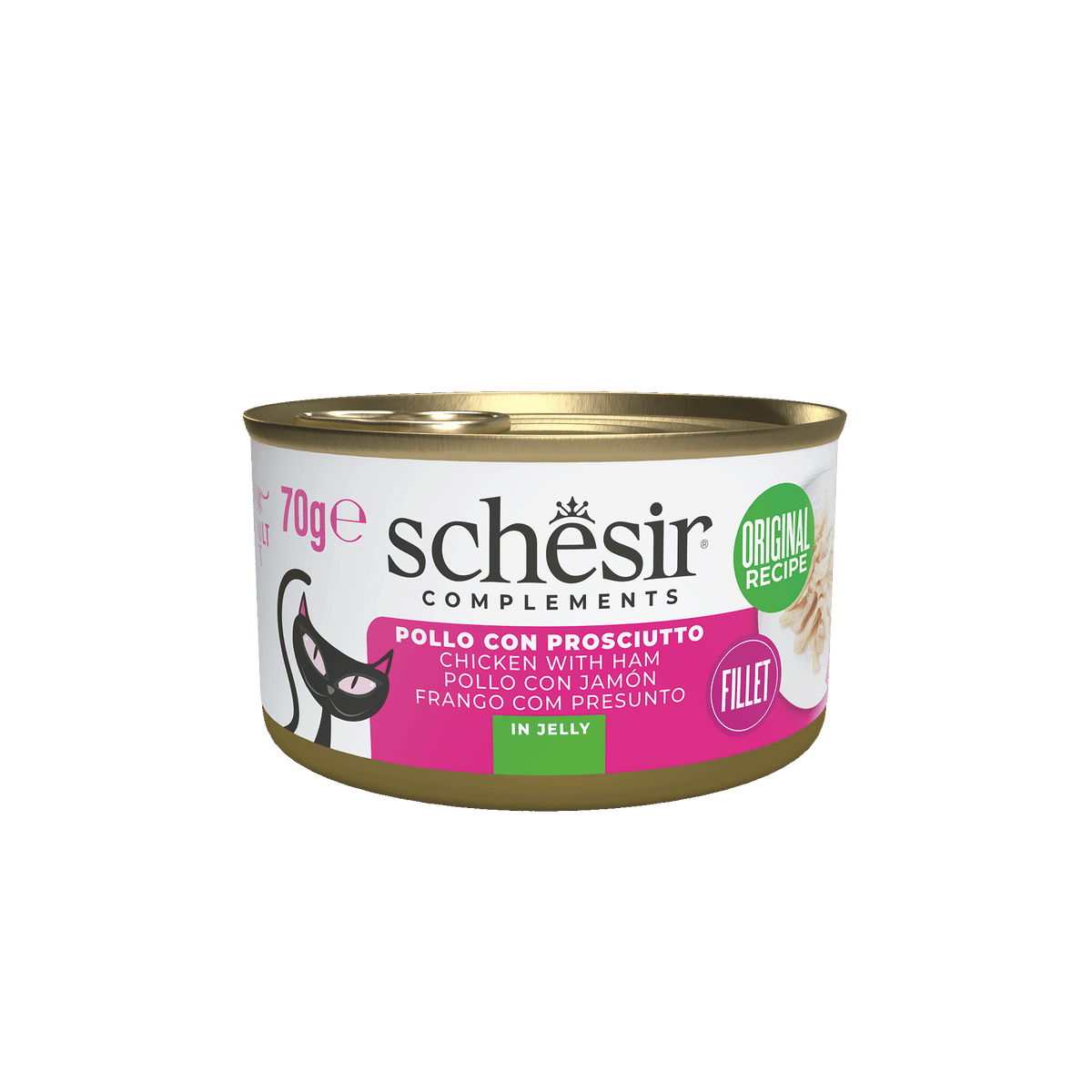 Comida húmida para gatos Schesir filetes de frango com fiambre em gelatina, lata 70 g
