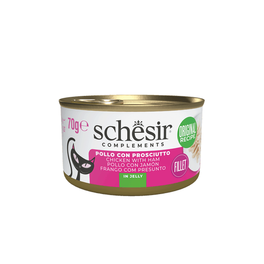 Comida húmida para gatos Schesir filetes de frango com fiambre em gelatina, lata 70 g