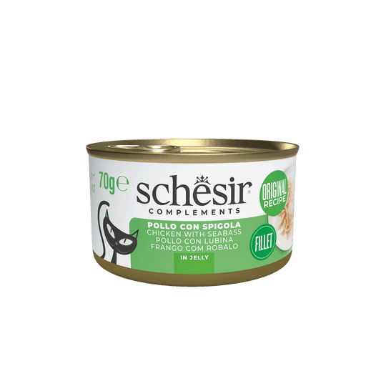 Comida húmida para gatos Schesir frango com robalo em gelatina, lata 70 g