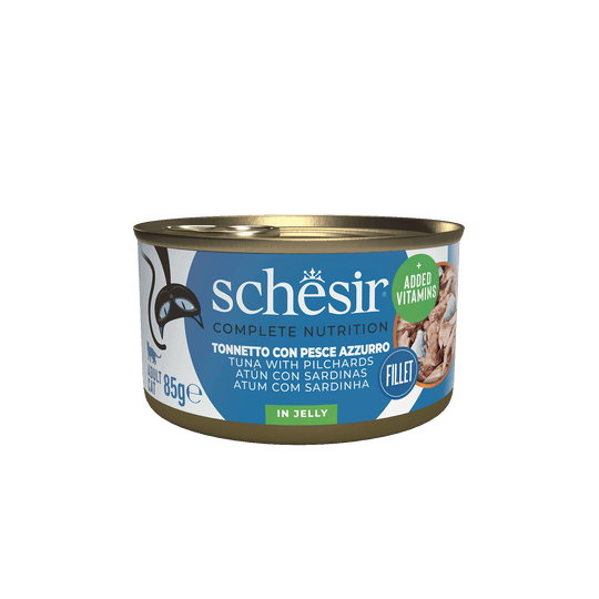 Comida húmida para gatos Schesir atum com sardinhas, lata 85 g