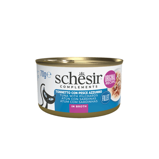Comida húmida para gatos Schesir atum com peixe azul em caldo, lata 70 g