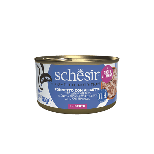 Comida húmida para gatos Schesir atum e anchovas com arroz ao natural, 85 g