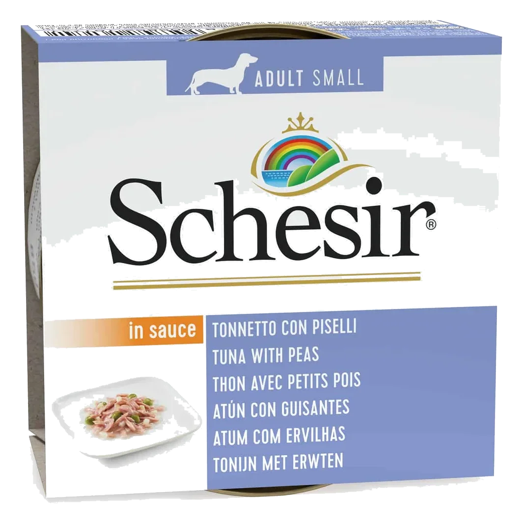 Comida húmida para cães Schesir atum e ervilhas com molho, lata de 85 g