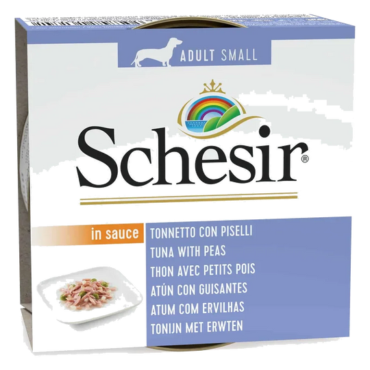Comida húmida para cães Schesir atum e ervilhas com molho, lata de 85 g