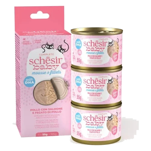 Schesir Baby mousse com filetes de frango, salmão e fígado para gatinhos, 3 × 55 g
