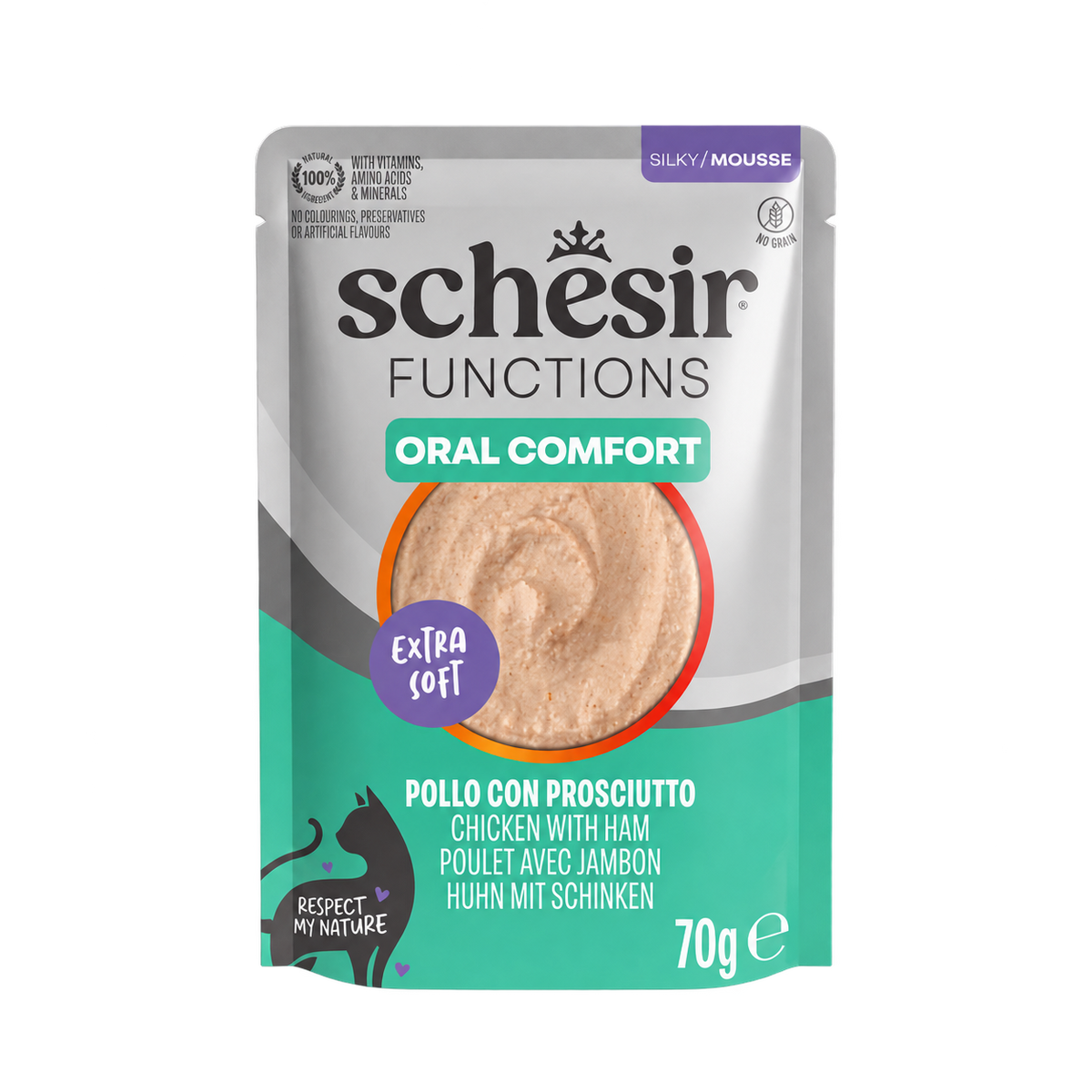 Comida húmida para gatos Schesir Functions Oral Comfort frango com fiambre, 70 g