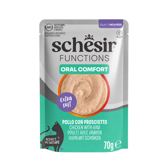 Comida húmida para gatos Schesir Functions Oral Comfort frango com fiambre, 70 g