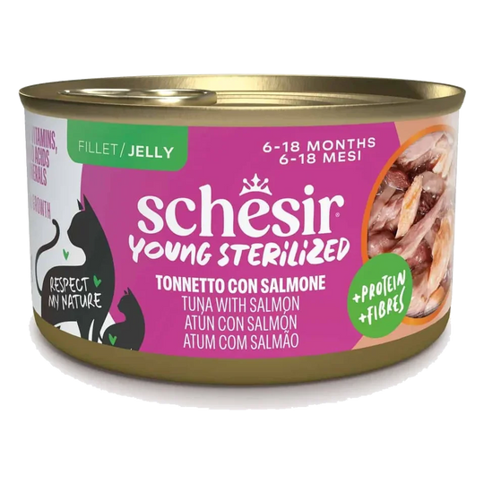 Comida húmida para gatos Schesir Gatinhos esterilizados atum com salmão, 85 g