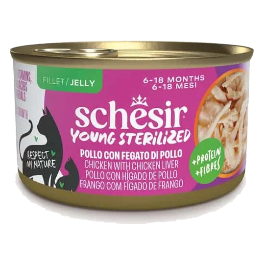 Comida húmida para gatos Schesir Gatinhos esterilizados frango com fígado de frango, 85 g