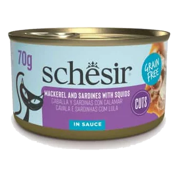 Comida húmida para gatos Schesir Grill em molho cavala e sardinhas com lula, 70 g