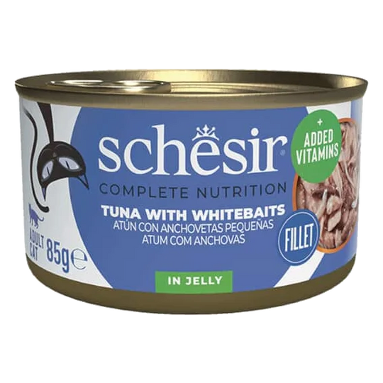 Comida húmida para gatos Schesir atum com pequenas anchovas, lata 85 g