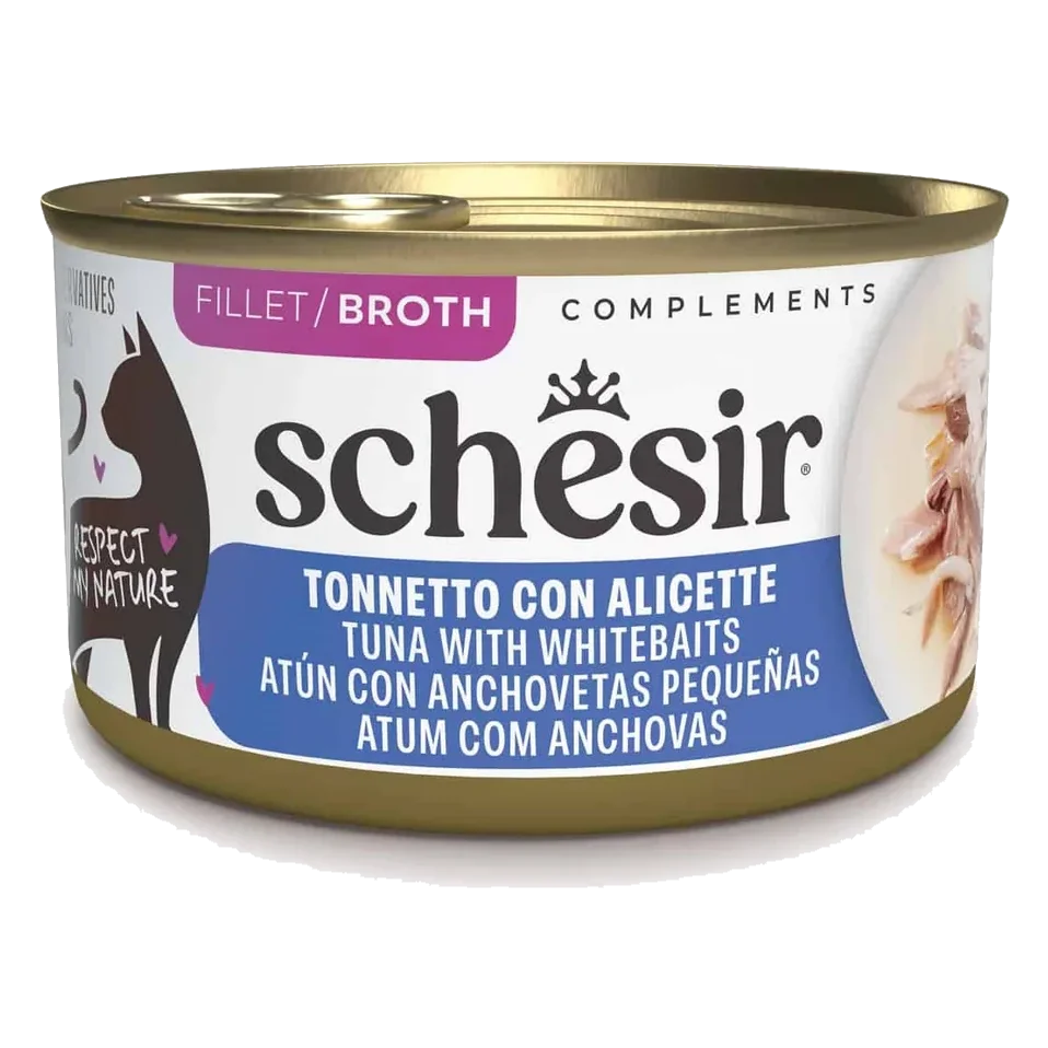 Comida húmida para gatos Schesir atum com pequenas anchovas em caldo, lata 70 g
