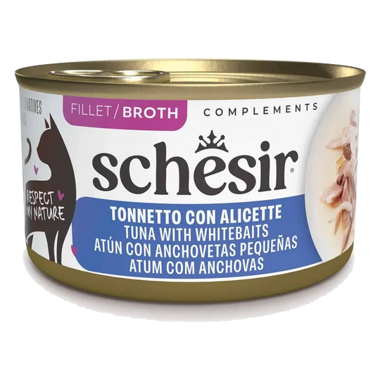 Comida húmida para gatos Schesir atum com pequenas anchovas em caldo, lata 70 g