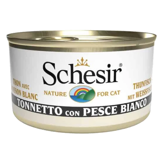 Comida húmida para gatos Schesir atum com peixe branco em gelatina, lata 85 g