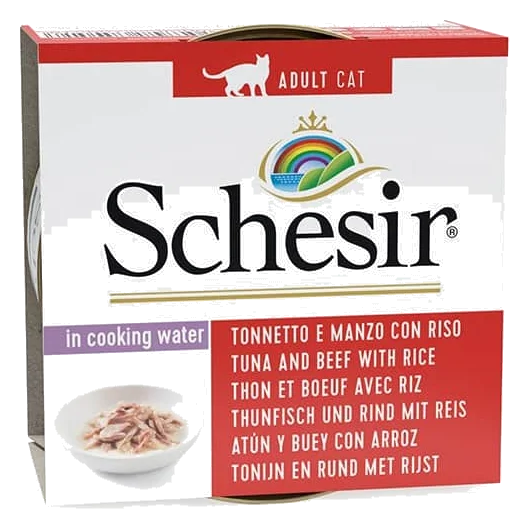Comida húmida para gatos Schesir atum e vaca com arroz ao natural, lata 85 g