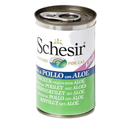 Comida húmida para gatinhos Schesir filetes de frango com aloé, lata 140 g