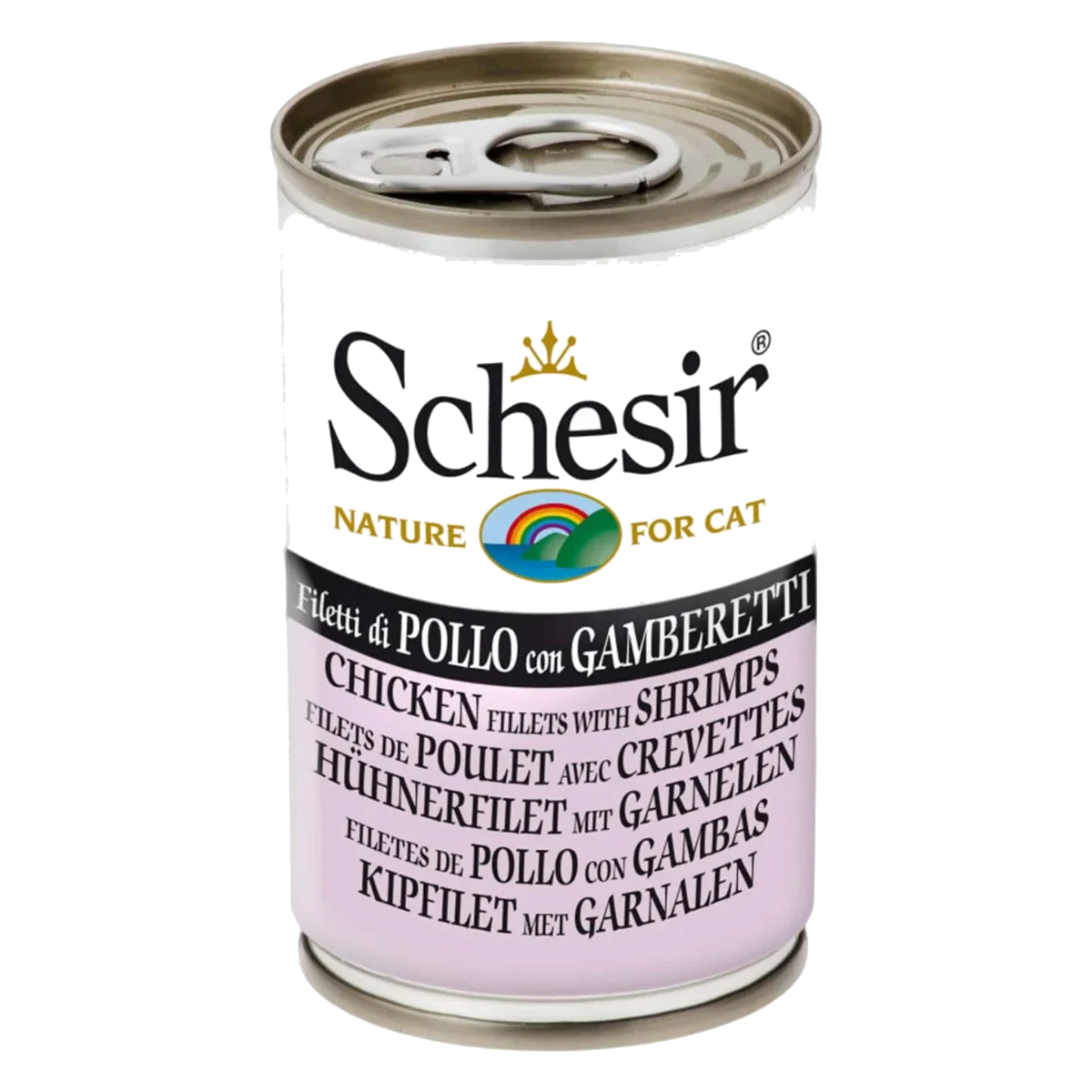Comida húmida para gatos Schesir filetes de frango com camarões, lata 140 g